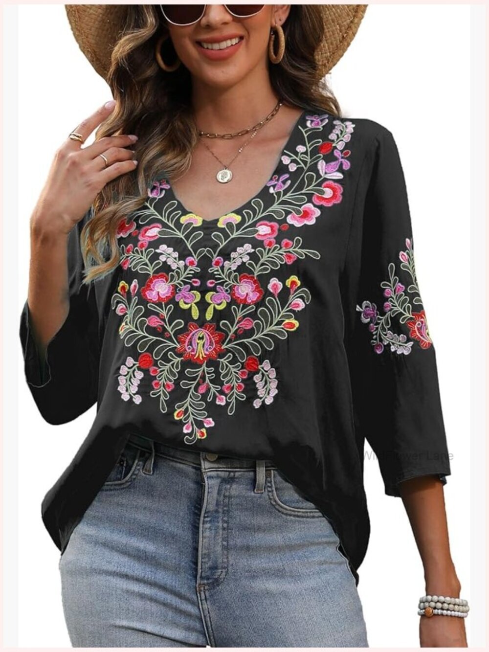 Embroidered Peasant Blouse Boho Floral Tunic 3/4 Sleeve Cotton